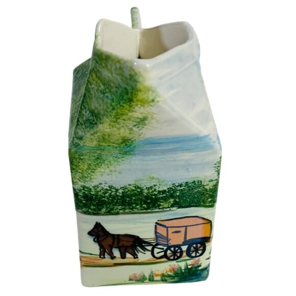 Farmhouse Amish Ceramic Milk Carton Vase VTG 1977 Horse Buggy Artist Signed - Picture 3 of 14
